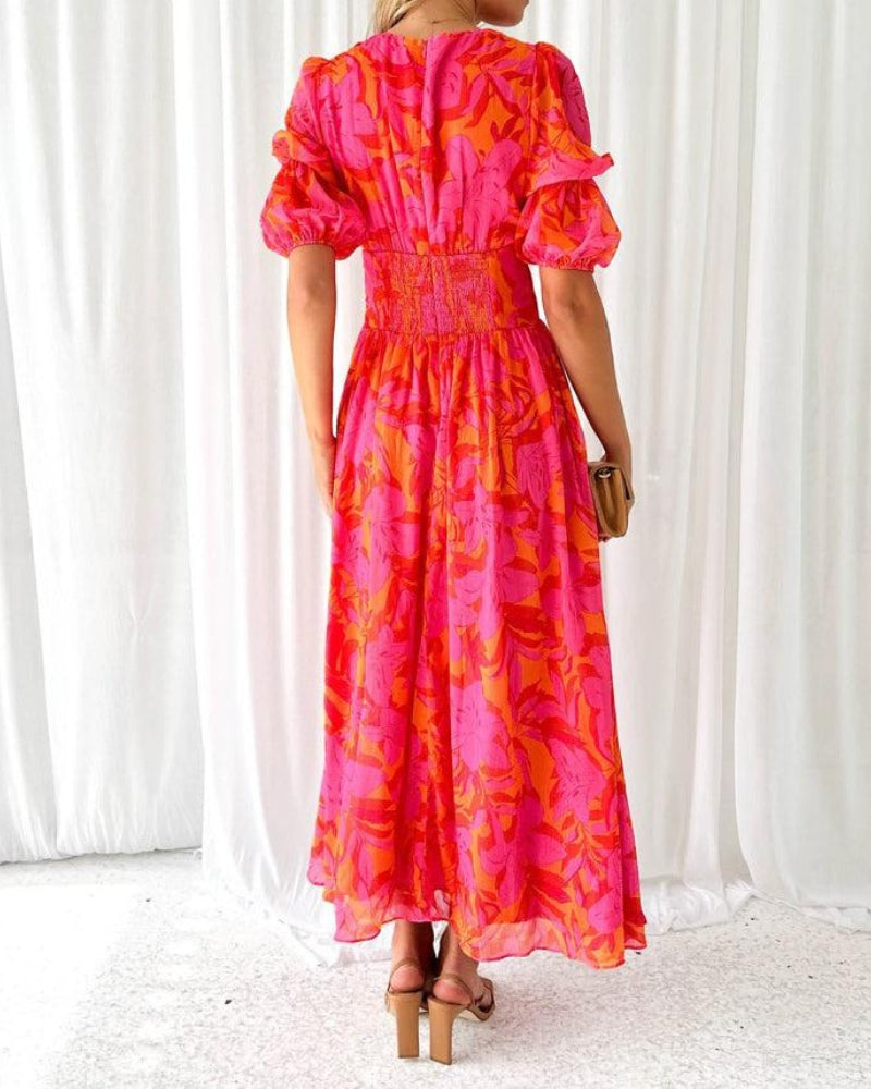 Clara Elegant V-Neck Puff Sleeve Maxi Dress