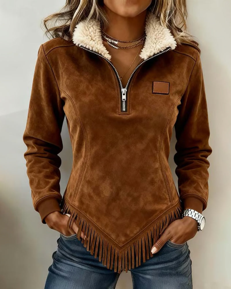 Kim - Sweatshirt with Half-Zip Collar Asymmetric Design and Fringe Detail