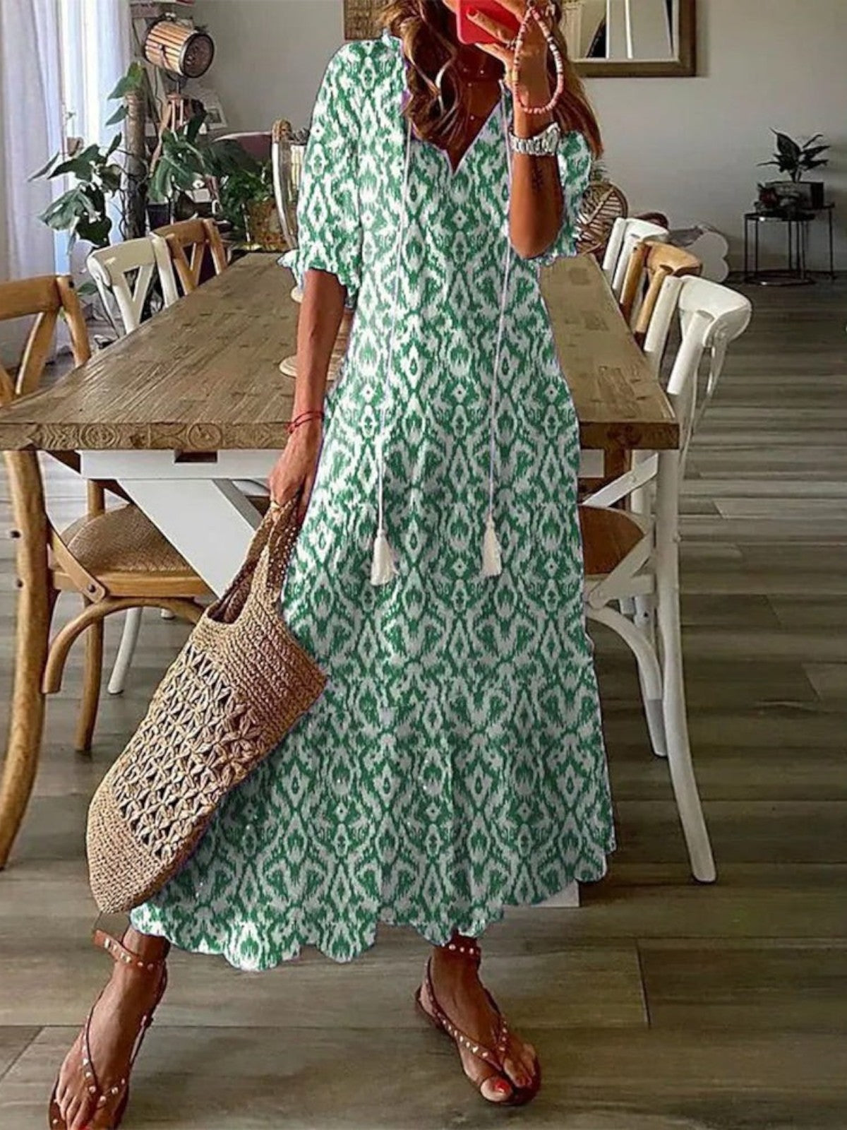 Sophia™  Boho Vintage V-Neck Summer Dress