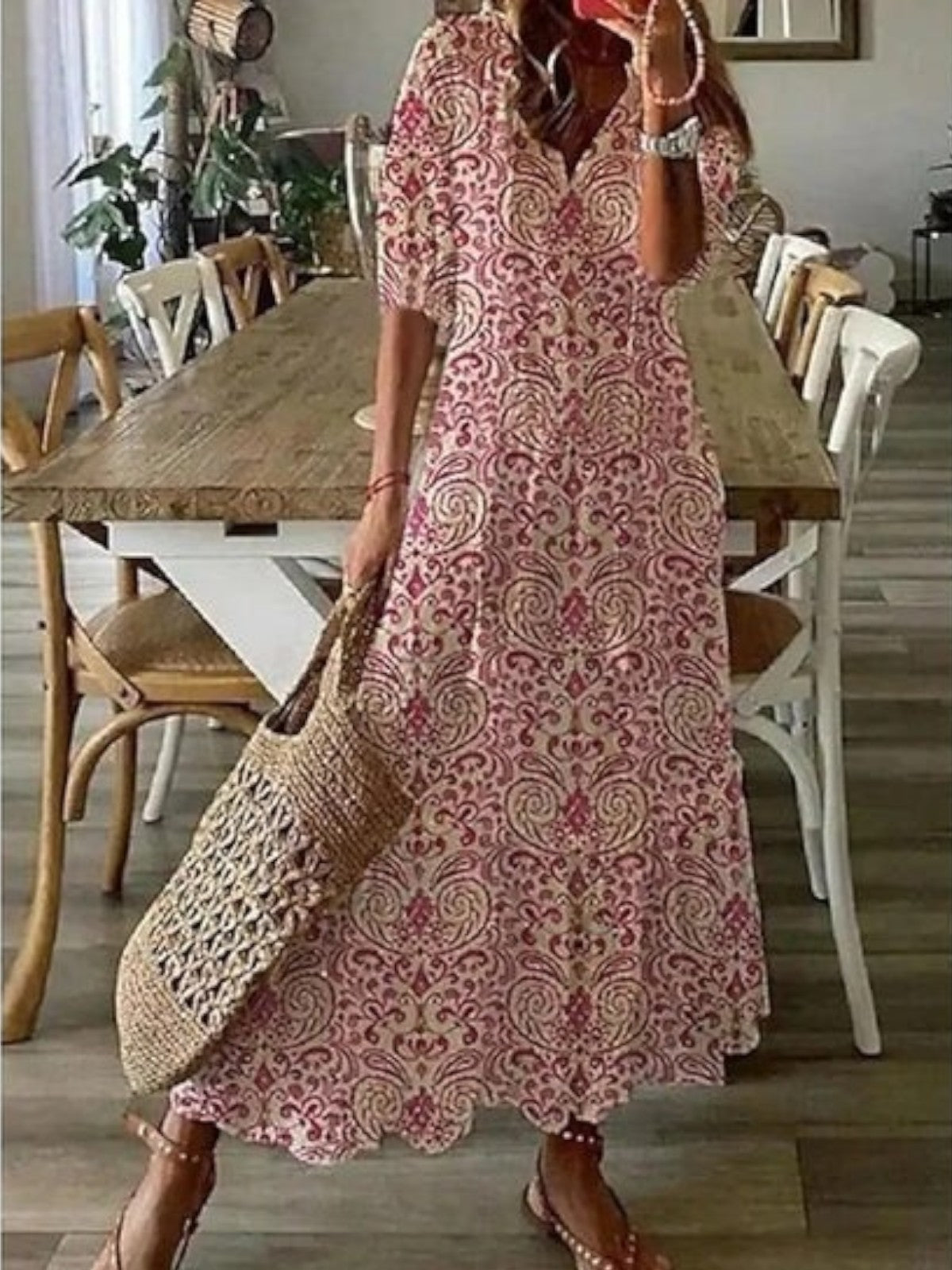 Sophia™  Boho Vintage V-Neck Summer Dress