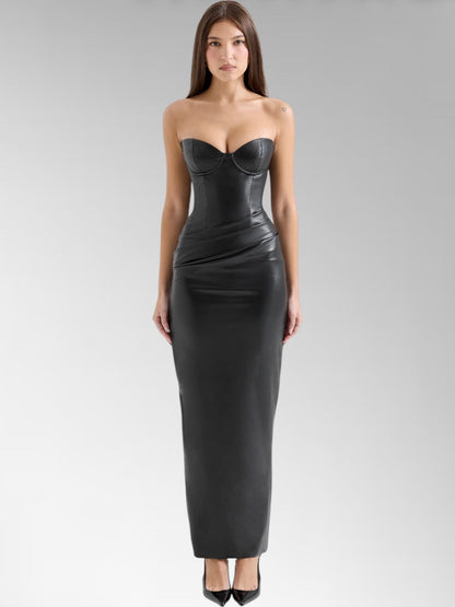 Alisa Black Strapless Leather Midi Dress