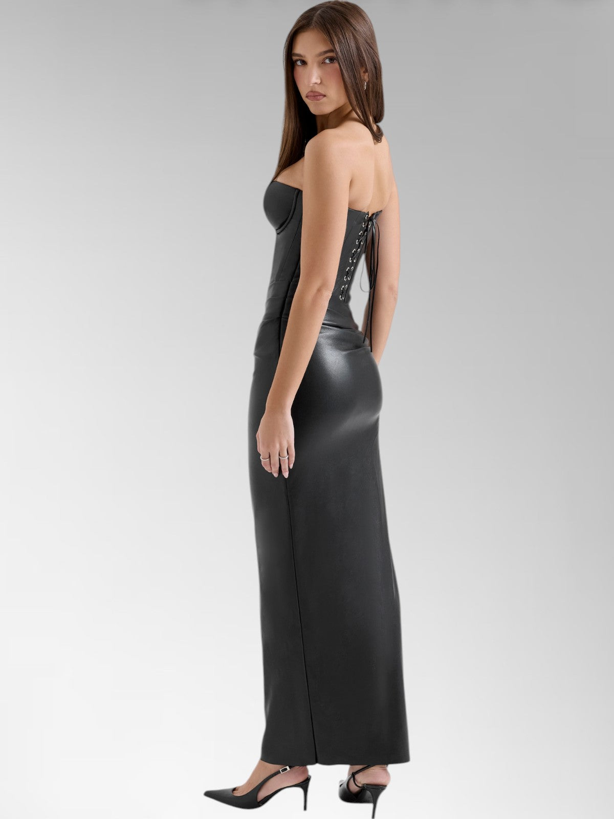 Alisa Black Strapless Leather Midi Dress