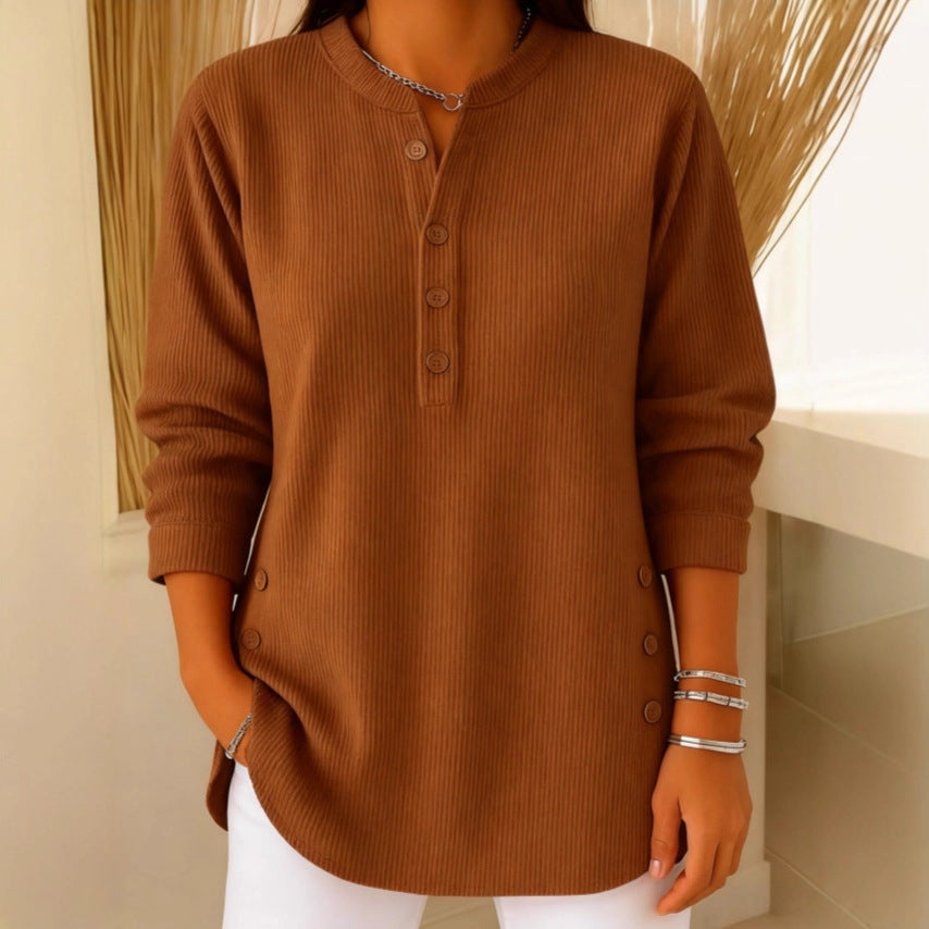 Nadia - Casual Ribbed Long Sleeve Henley Top