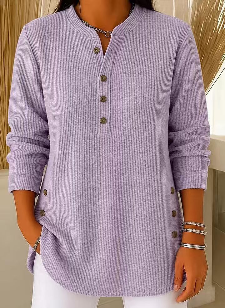 Nadia - Casual Ribbed Long Sleeve Henley Top