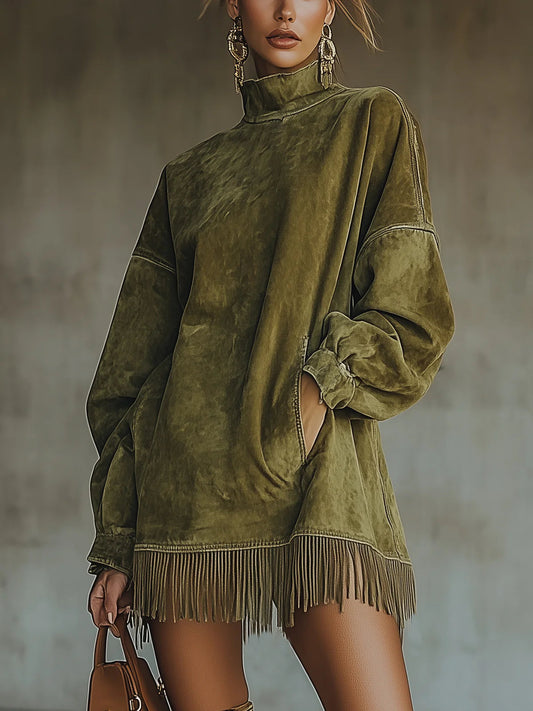 Faux Suede Turtleneck Dress